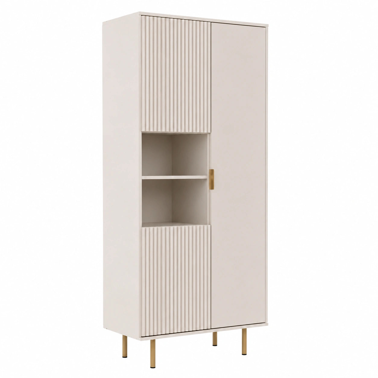 Lomadox Vitrinenschrank in Kaschmir mit Rillenoptik, Goldene Griffe und Füße