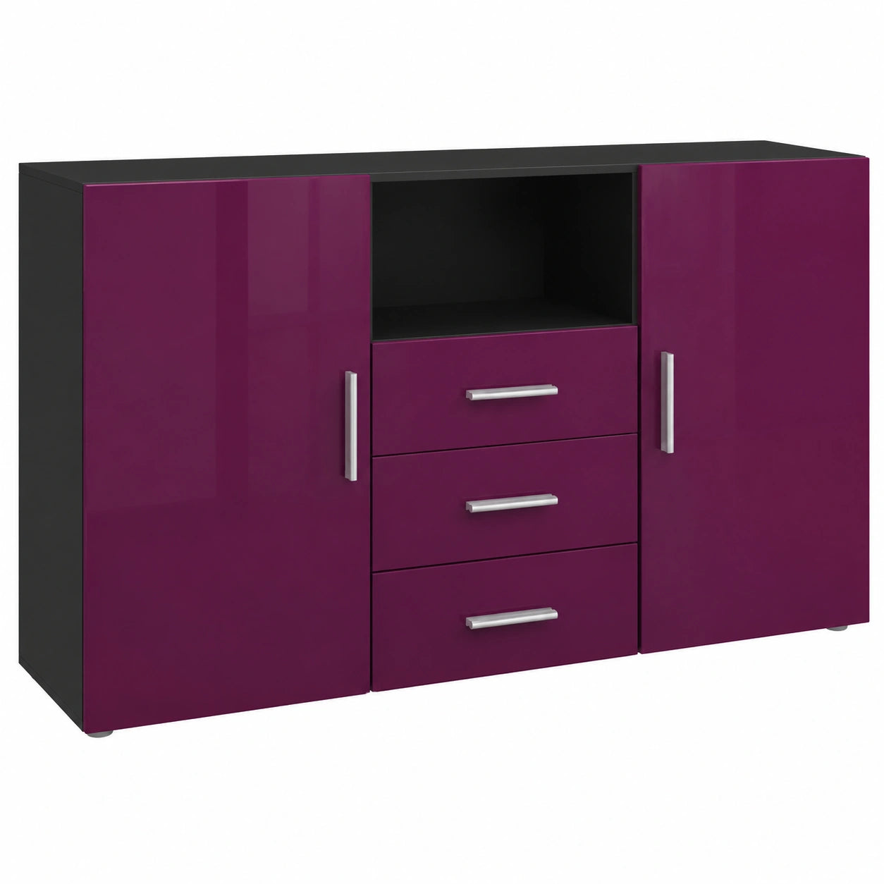 Vladon Sideboard Skadu mit Türen und Schubladen, Schwarz matt und Brombeer Hochglanz