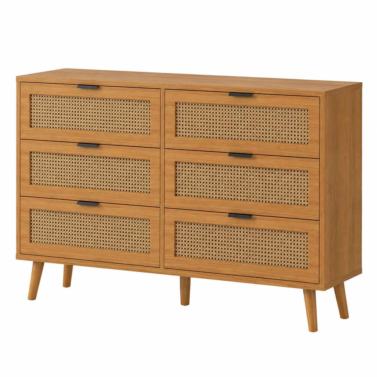 Retro Massivholz-Kommode mit Rattan-Elementen, 120 cm, Walnuss