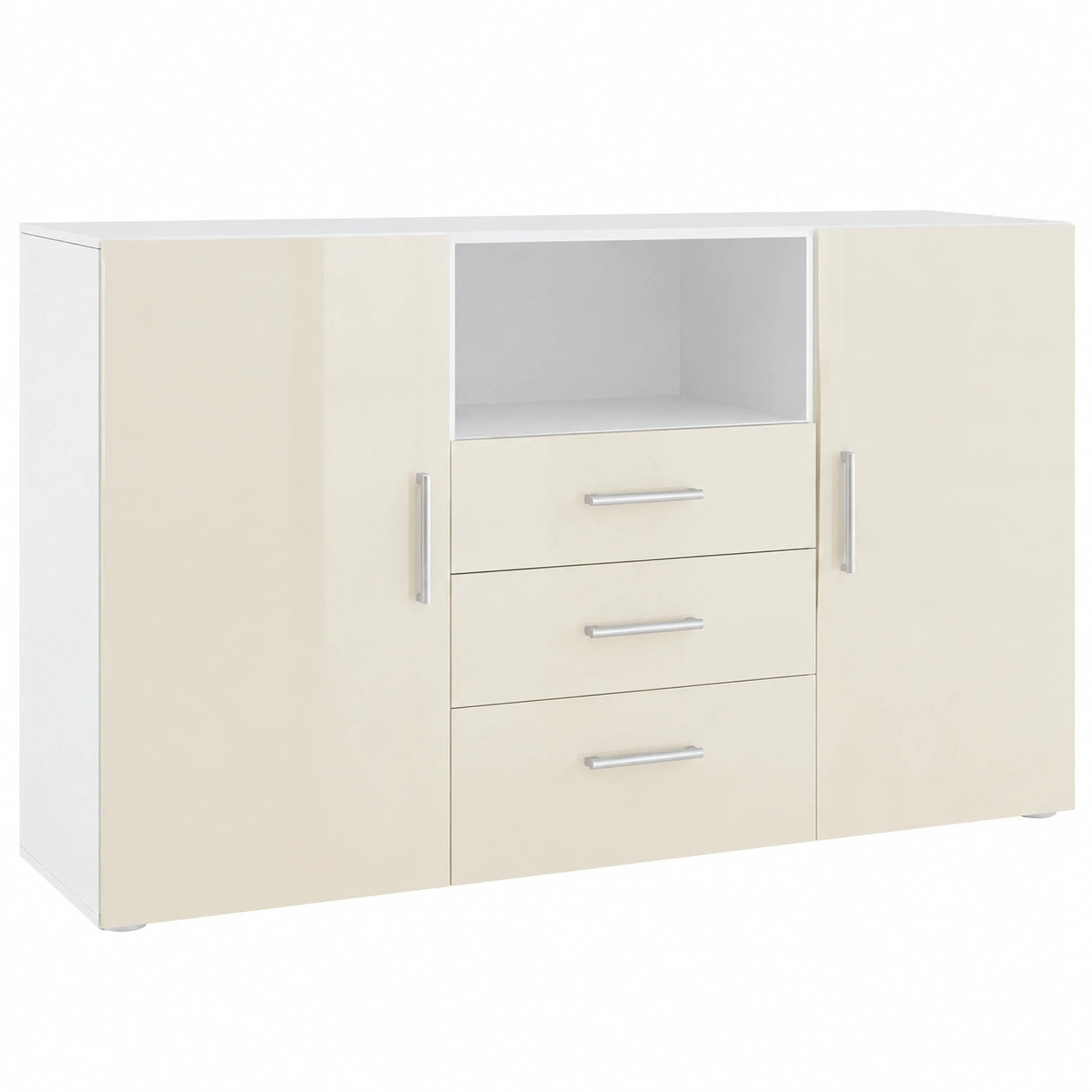 Vladon Anrichte Skadu, Schrank mit Türen, Schubladen und offenem Fach, Mattweiß/Creme Hochglanz