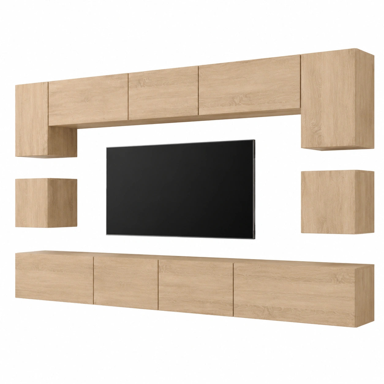 Moderne Wohnwand in Sonoma Eiche ohne LED – Hängendes Wohnzimmermöbel mit Regalen und TV-Schrank