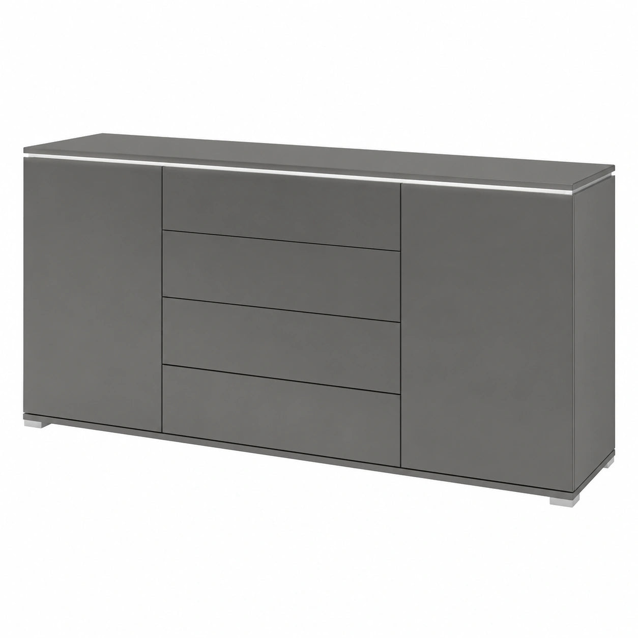 Anthrazitfarbene Sideboard-Kommode Faro V2 mit LED-Beleuchtung, 2 Türen & 4 Schubladen