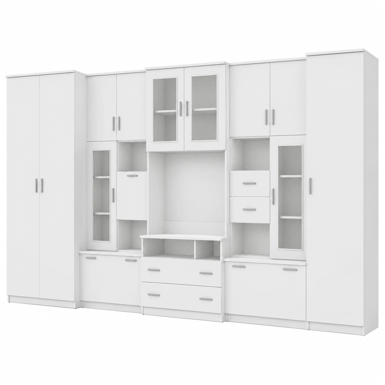 Moderne Wohnwand Lena – Stilvolle Wohnzimmermöbel mit Vitrine und TV-Schrank, 405x210x53 cm, Weiß