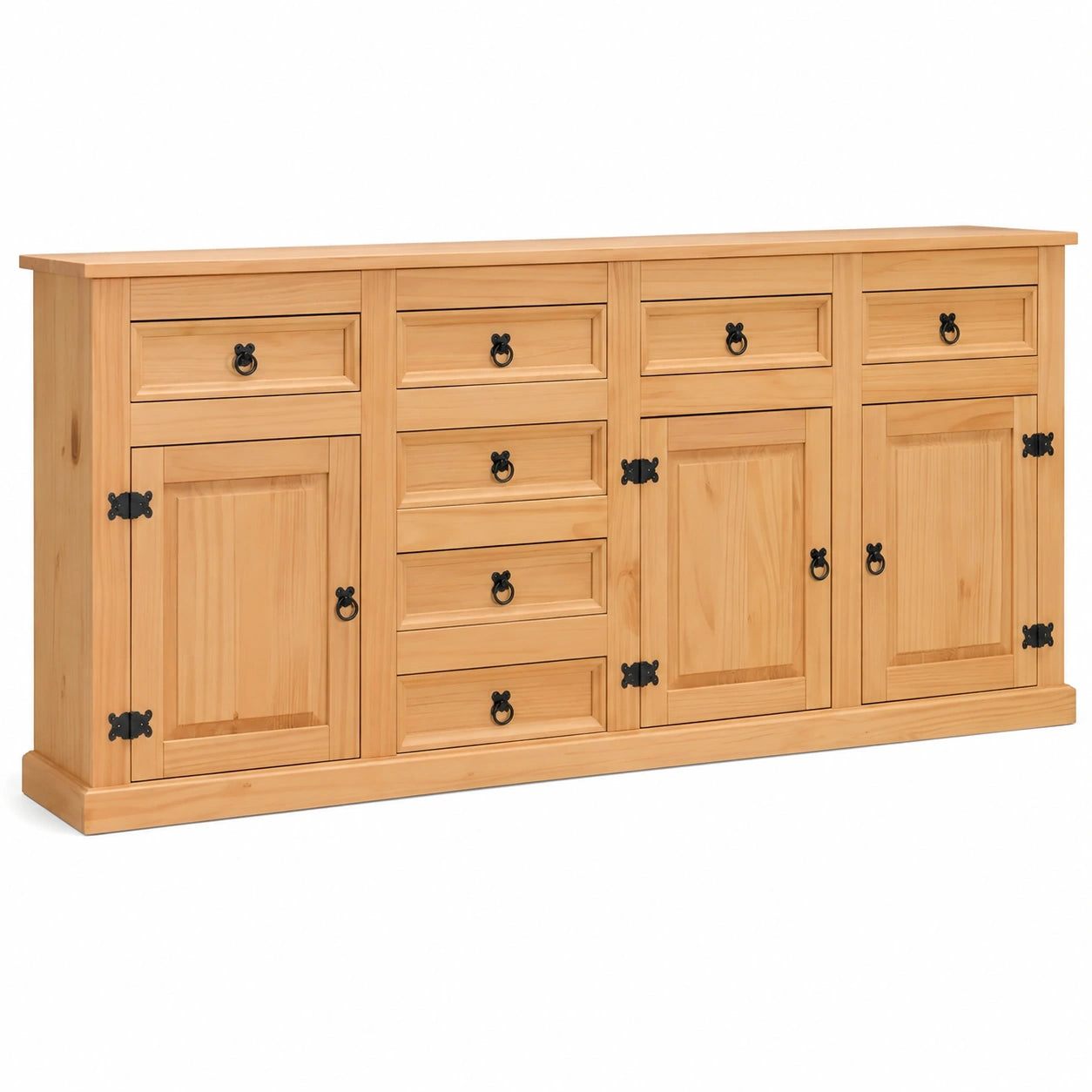 Massives Kiefernholz Sideboard im Hacienda-Stil, 7 Schubladen, Naturfarbe, 200x84x44 cm