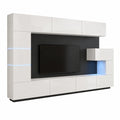 Moderne Wohnwand mit LED-Beleuchtung, Weiß, Hängend - Inklusive Regale und TV-Schrank