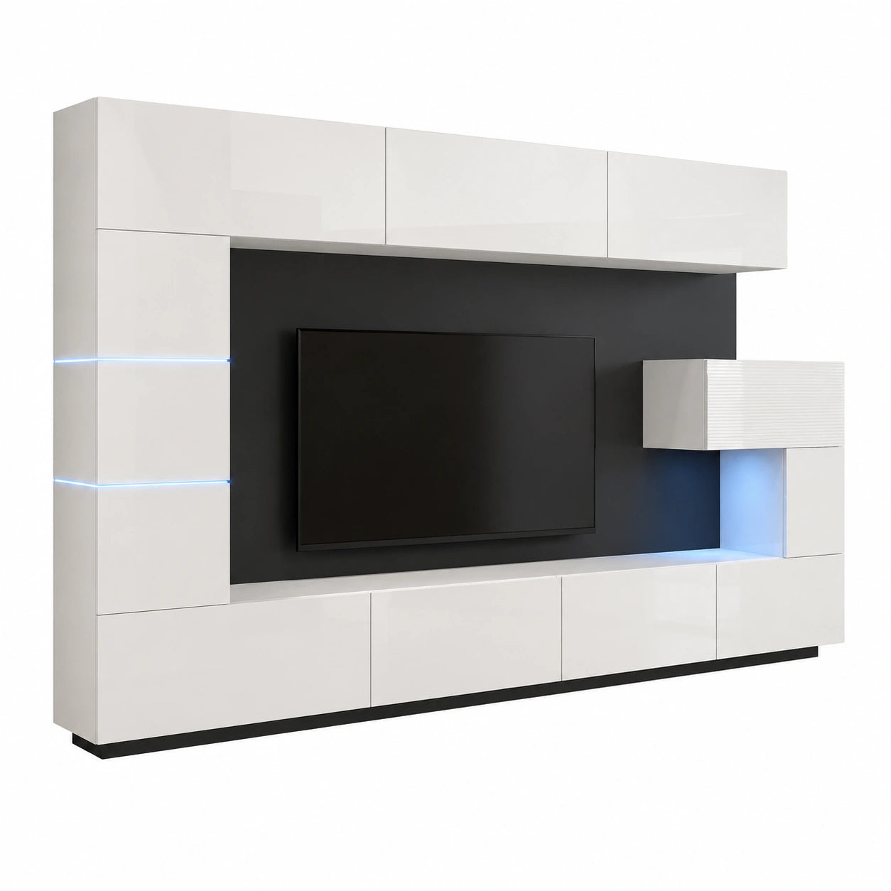 Moderne Wohnwand mit LED-Beleuchtung, Weiß, Hängend - Inklusive Regale und TV-Schrank
