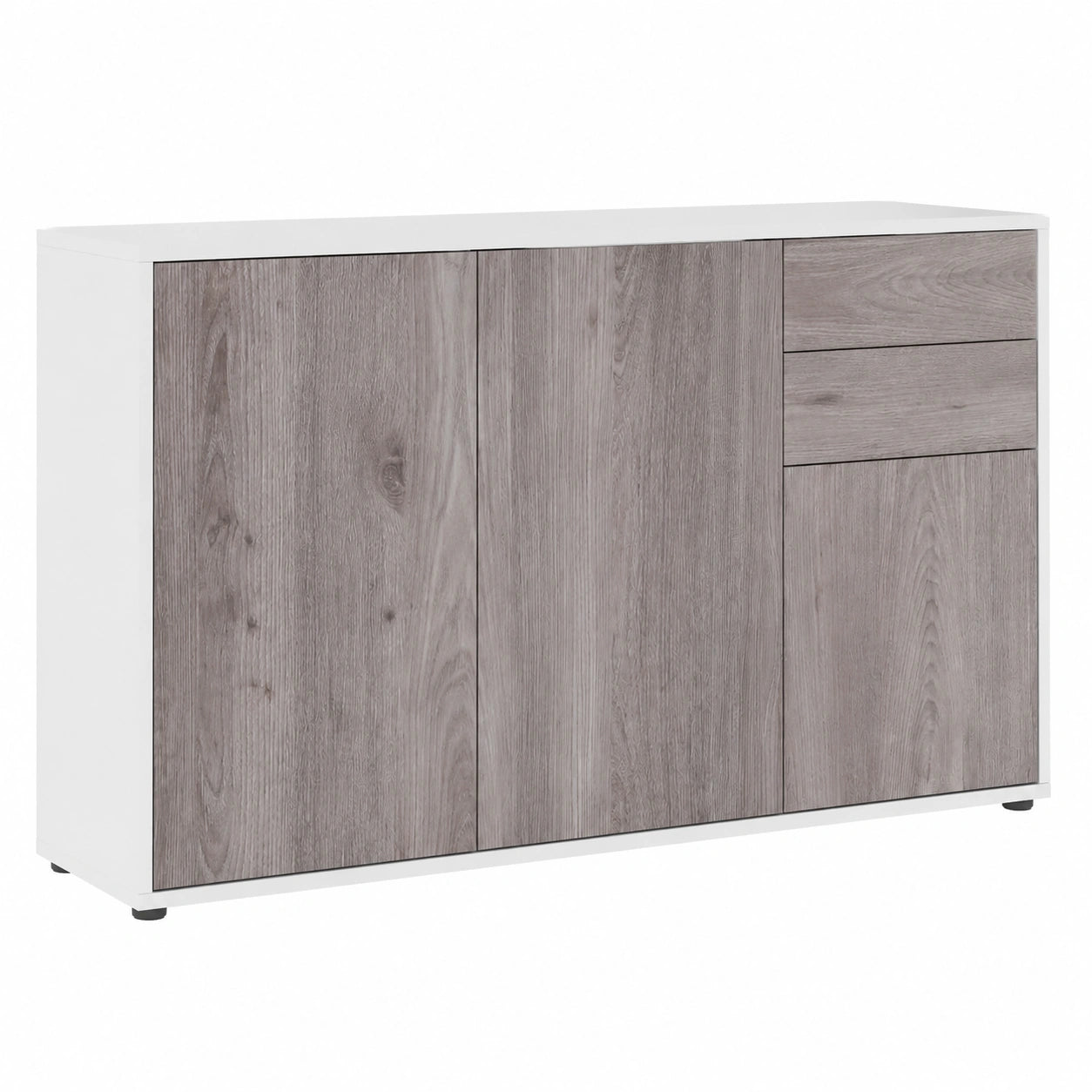 Vladon Modernes Sideboard Ben V3 mit Türen und Schubladen in Weiß Matt und Eiche Nordic