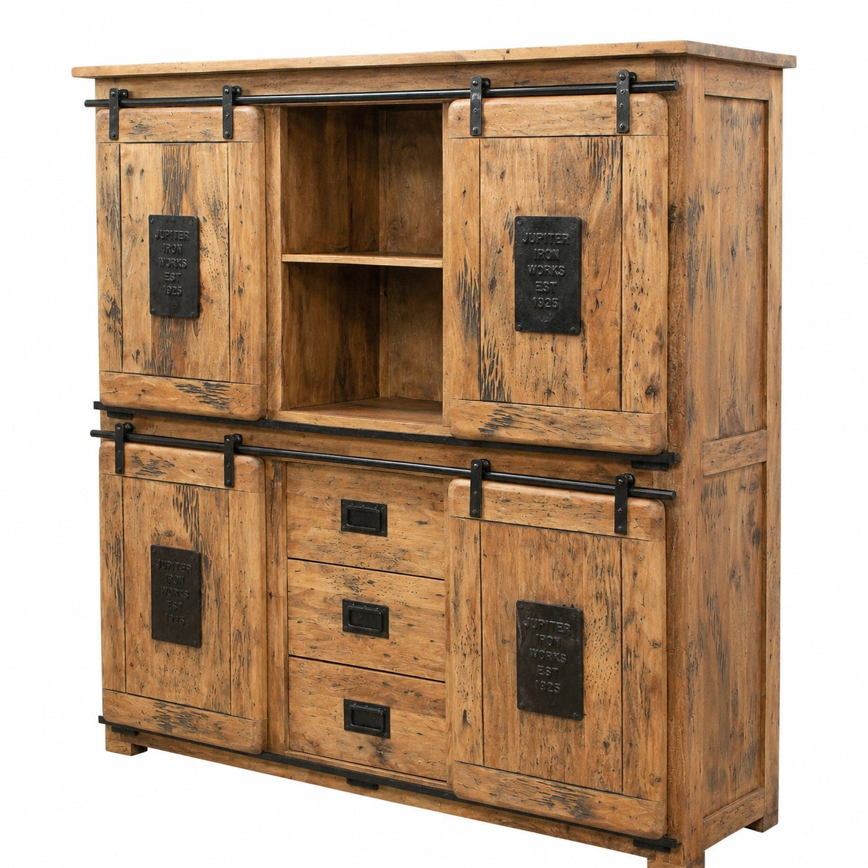 Hochwertiges Massivholz-Highboard aus Mangoholz und Eisen, 4 Türen & 3 Schubladen