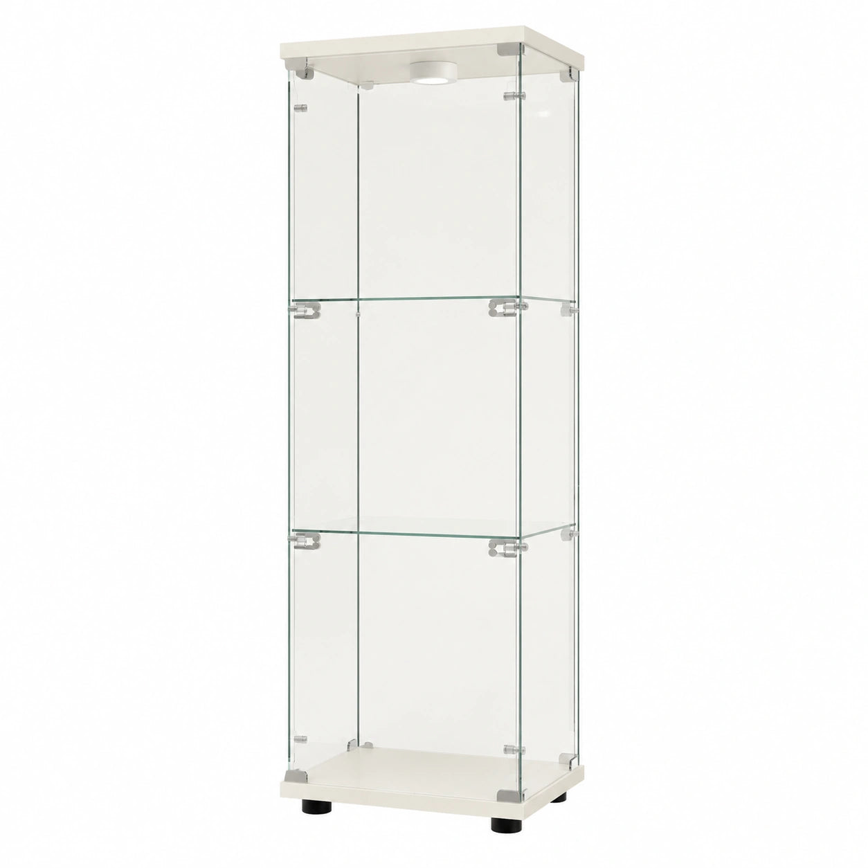 Moderne Glasvitrine mit LED-Beleuchtung, Schrank für Sammlerstücke mit drei Glasböden und einer Tür, ideal für Wohnzimmer oder Bar, weiß