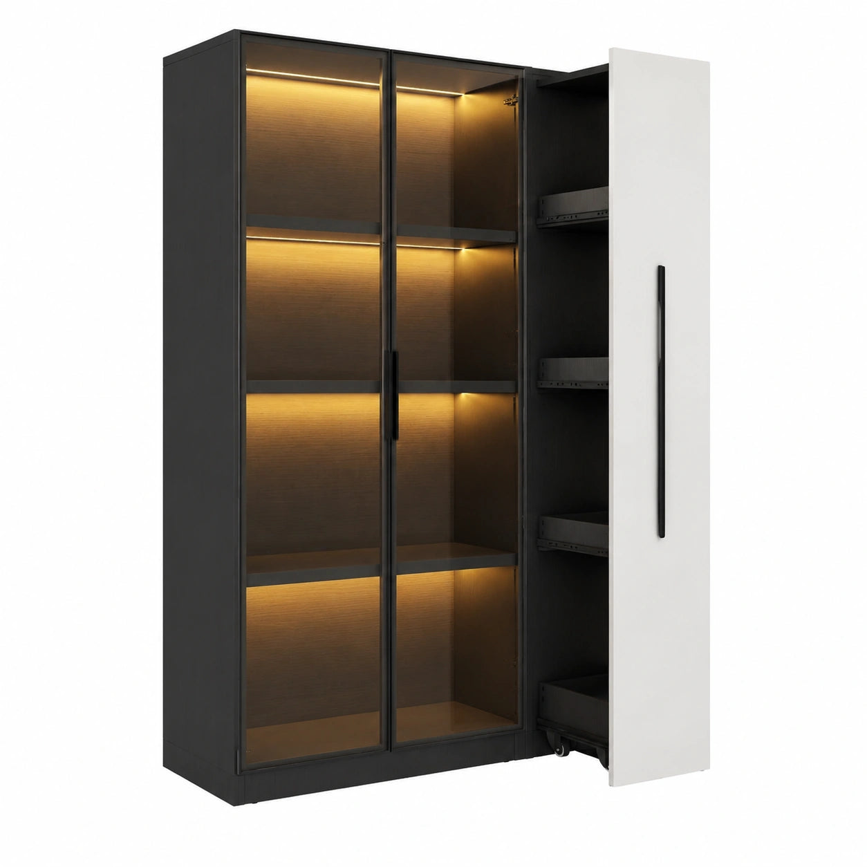 Moderne LED-Glasvitrine mit Türen und Rollen für Wohnzimmer