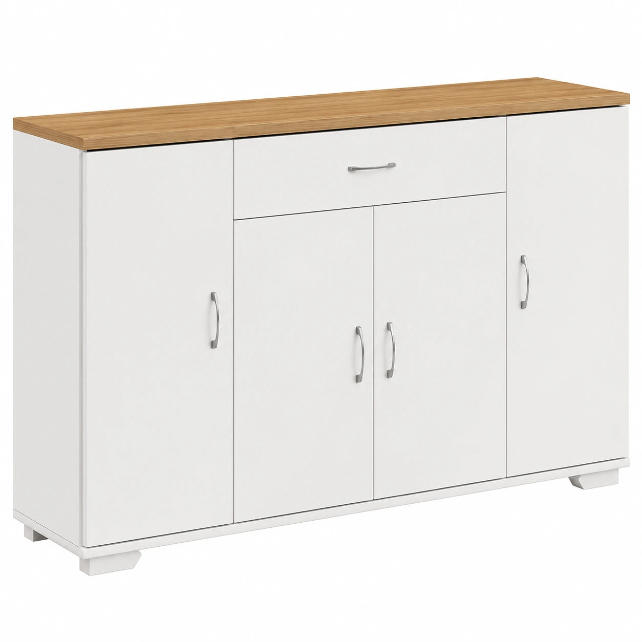 Moderner Sideboard mit Schublade und 4 Türen, Großer Stauraum, Pflegeleicht, Weiß/Eiche, 110x30x70cm