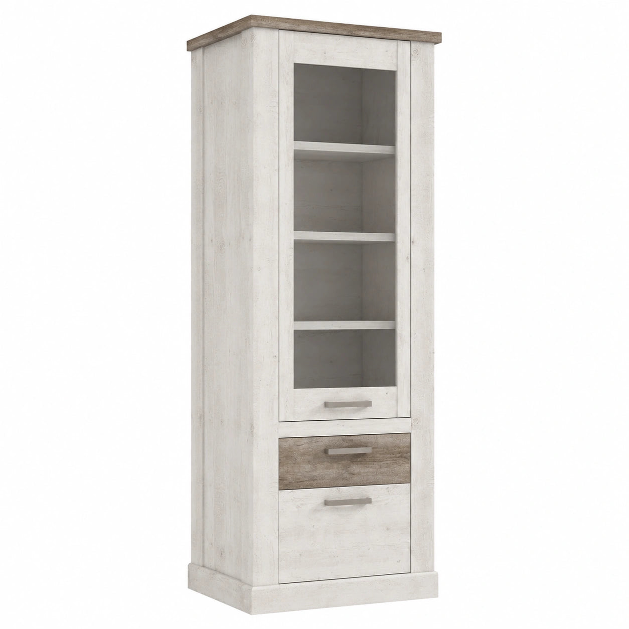 Große Vitrine mit Glastür und Schublade, Kiefer Weiß/Antikeiche, 71x212x41 cm