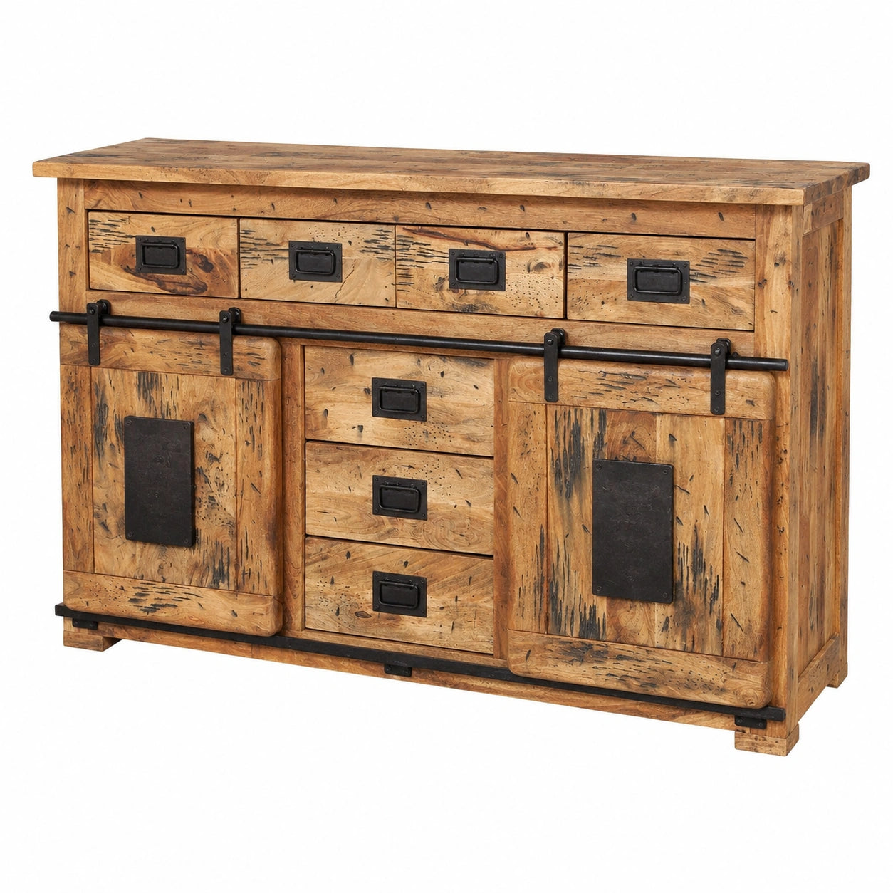 Massivholz Sideboard aus Mangoholz, 2 Türen & 7 Schubladen, Used-Look, 150x45x90 cm