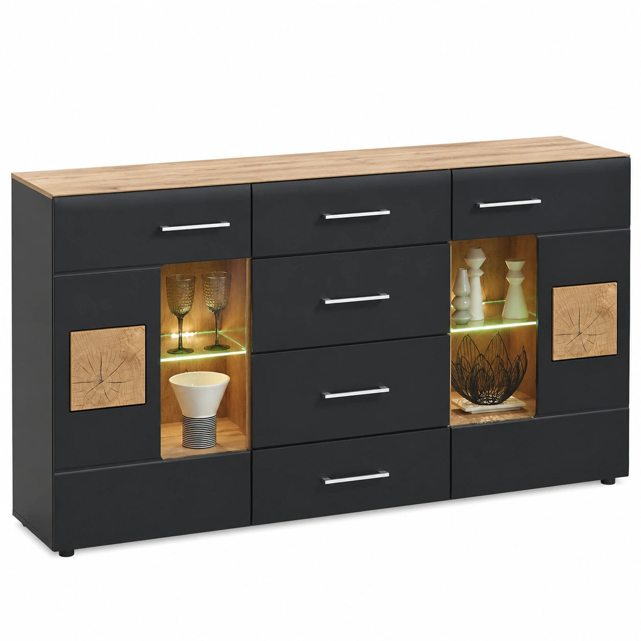 Stella Trading SONATE Anrichte in Altholz Eiche, Schwarz – Stilvolle Kommode mit Schubladen und LED-Licht – 170 x 93 x 40 cm