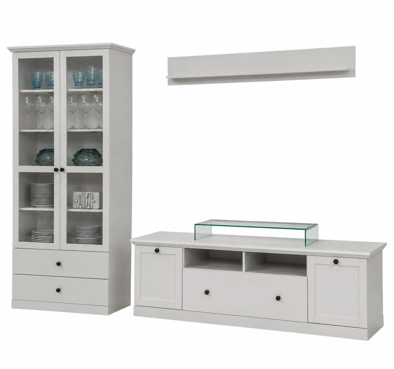 Moderne Wohnwand Baxter in Weiß mit Vitrine und TV-Element, 273 x 196 x 41 cm