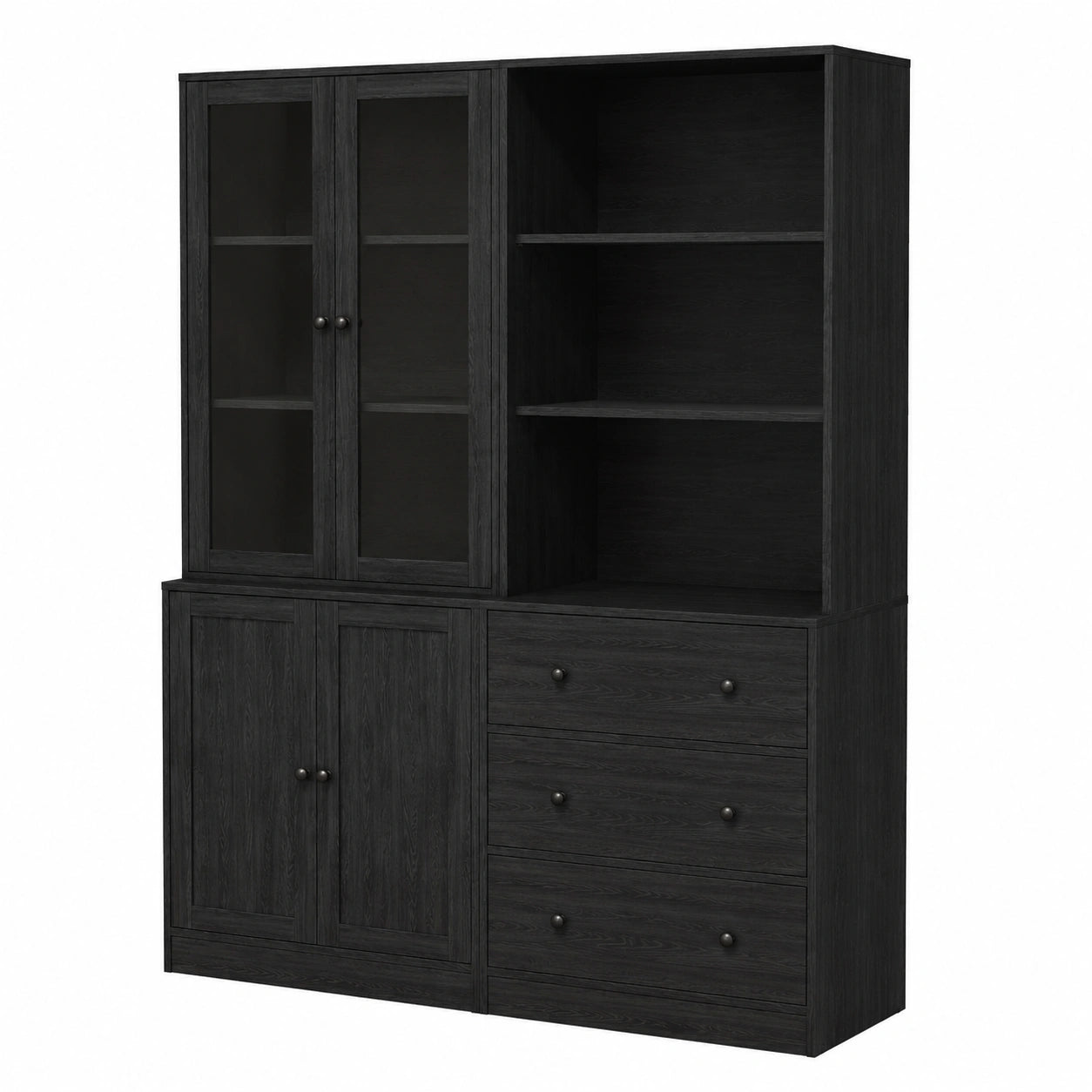VOWNER 5-Etagen-Bücherregal mit Glastüren, 180 cm hoher Vitrinenschrank, ideal für Küche, Wohnzimmer und Esszimmer, 2 Stück (Schwarz)