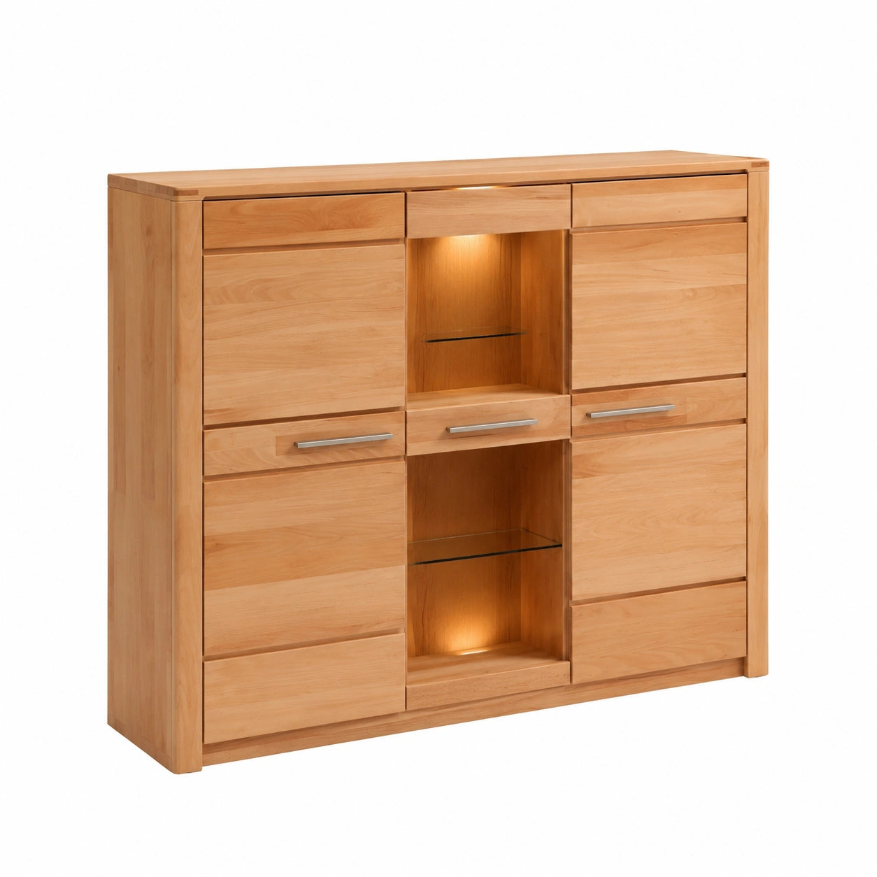 Modernes Highboard aus Kernbuche mit LED-Beleuchtung, FSC-zertifiziert, 127 x 137 x 40 cm