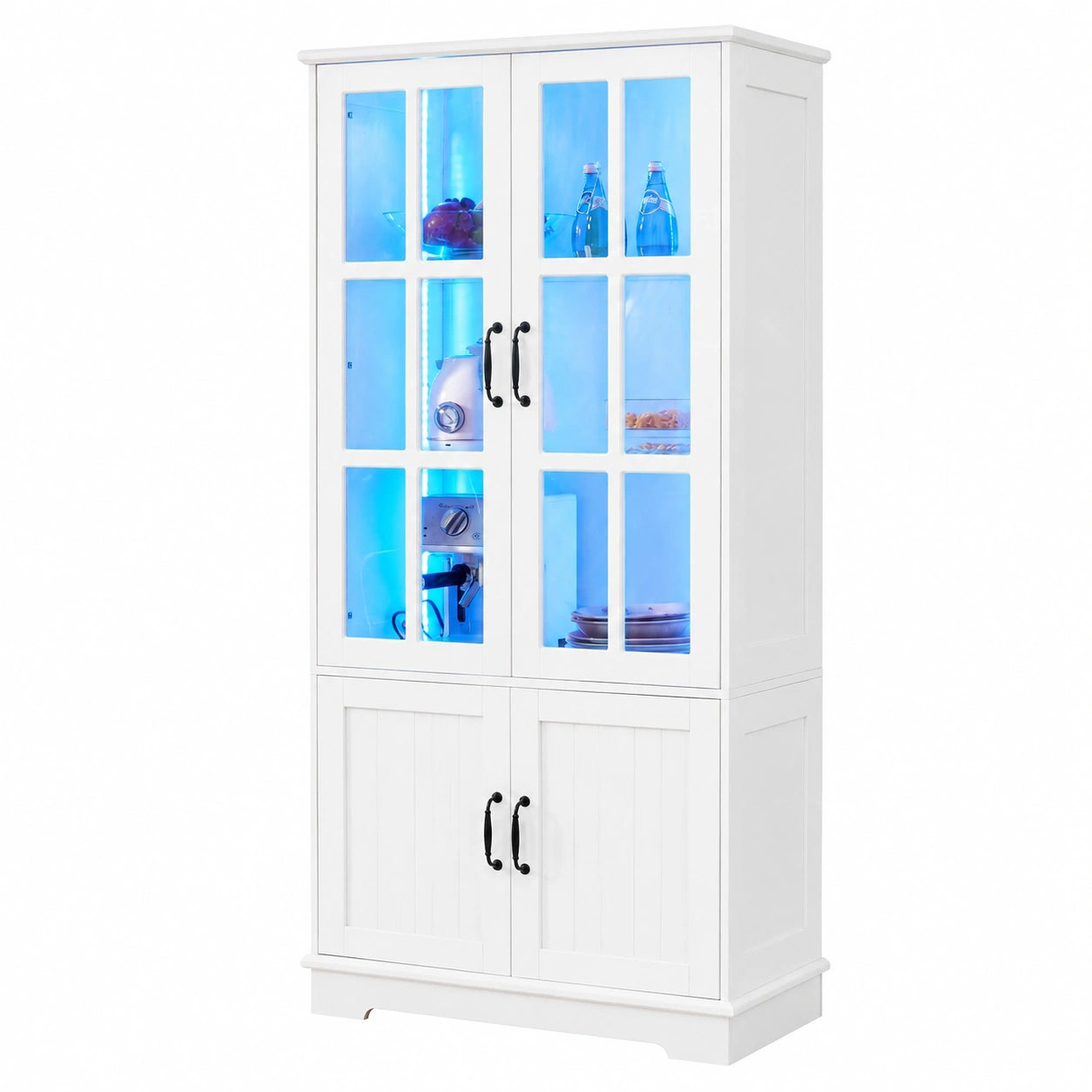 LUXOAK Moderner Vitrinenschrank mit LED, Retro-Griffen & Acrylfenstern, 180 cm, Weißer Hochschrank mit 5 Regalböden und 4 Türen für Wohnzimmer und Küche