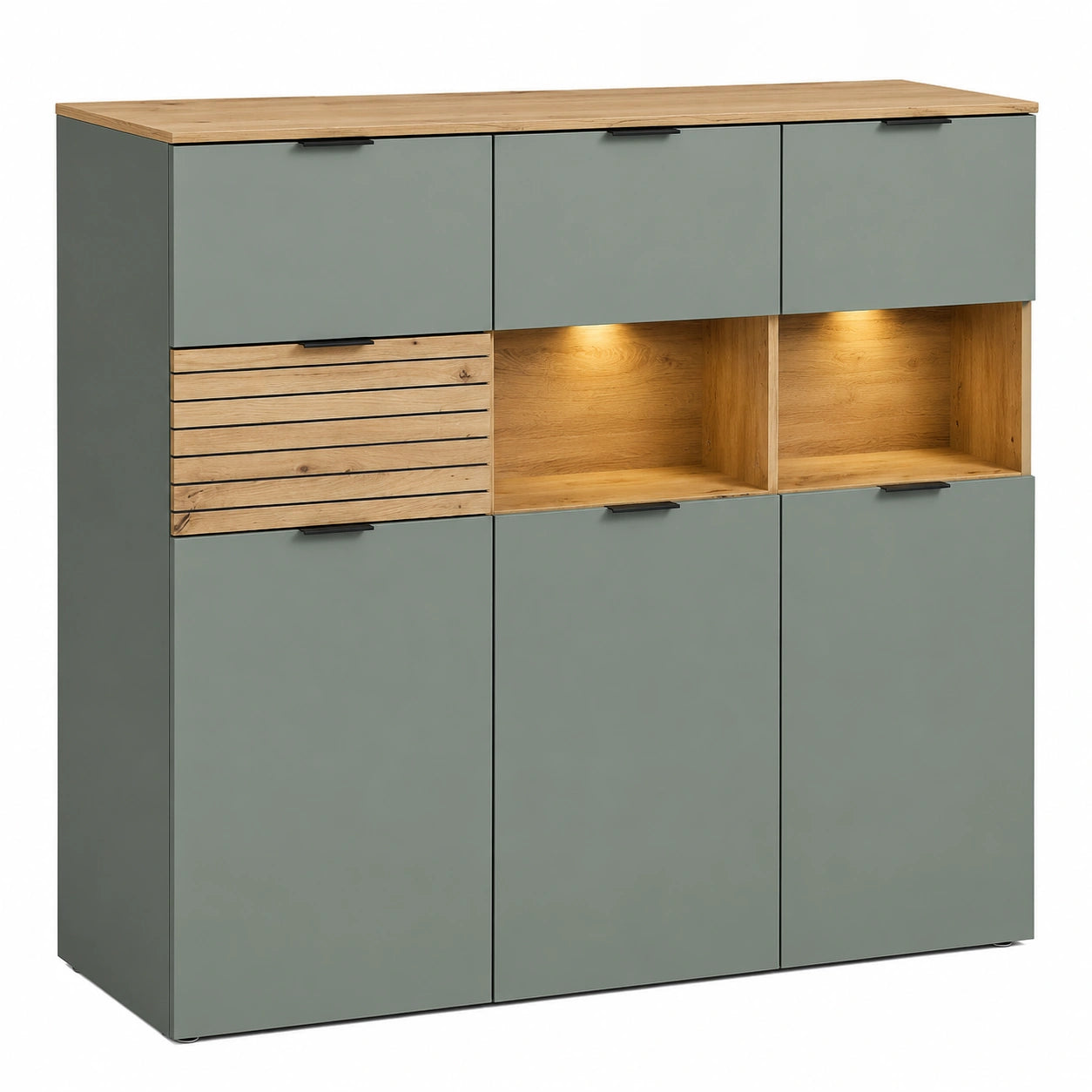 Moderner Highboard in Schilfgrün und Eiche - Mit LED und Schubladen, FSC zertifiziert