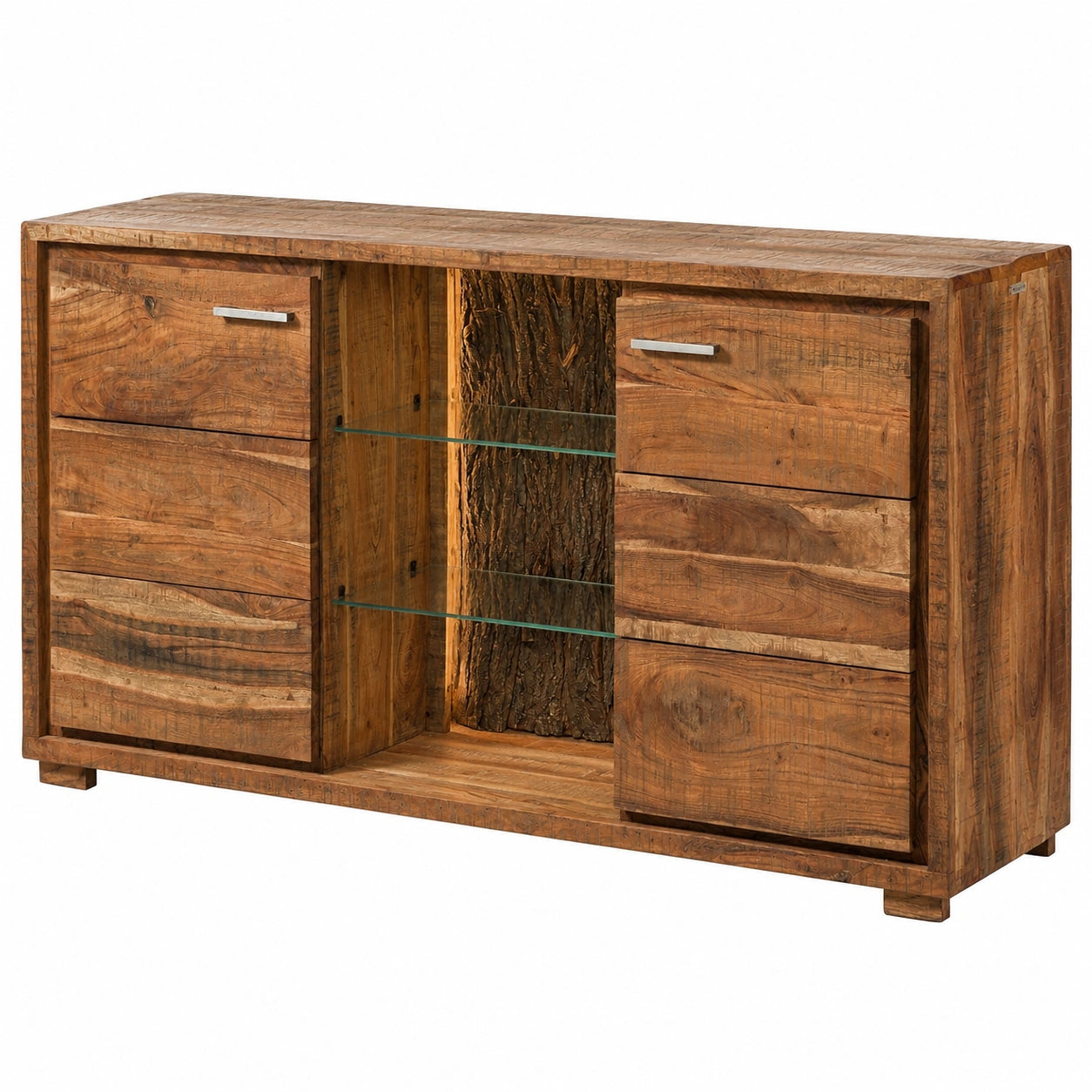 Massives Akazien-Sideboard mit LED, 2 Türen, 3 Fächer, 145x40x78 cm
