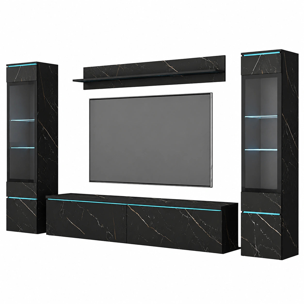 MINIO - Moderne Wohnwand 4-teiliges Set Veve 2, Variabel montierbar, 2x Hochschrank-Vitrine, Lowboard und Wandboard, San Sebastian Dekor, Ohne Beleuchtung