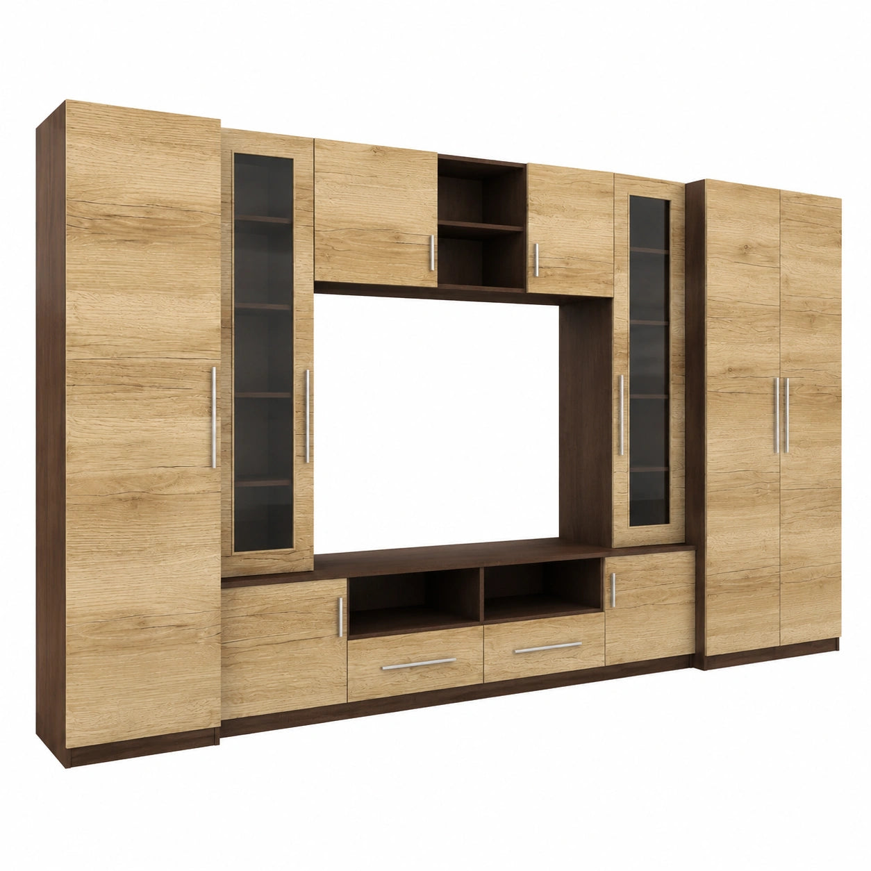 Moderne Wohnwand Neptun mit Vitrinen und TV-Lowboard, 370 x 200 x 52 cm