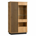 MINIO Vitrinenschrank Lamia - 90 cm Breit, Glasvitrine für Wohnzimmer, Highboard mit Latten, Bücherschrank mit Glastüren, robust und abriebfest, Wotan Eiche/Schwarz Matt