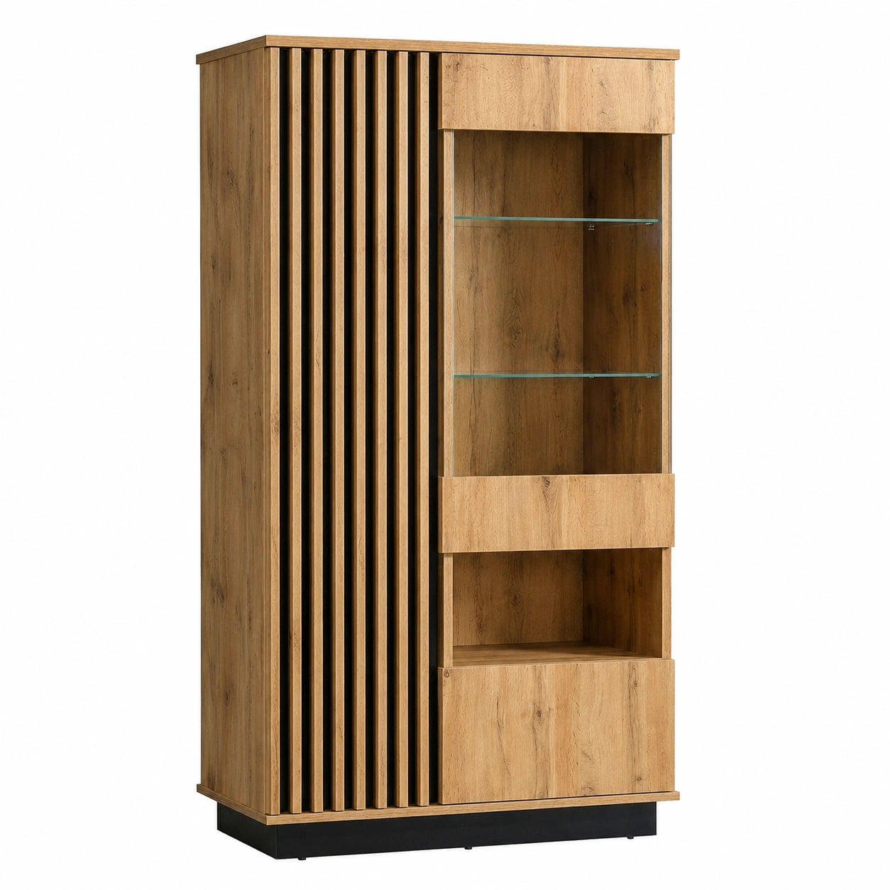 MINIO Vitrinenschrank Lamia - 90 cm Breit, Glasvitrine für Wohnzimmer, Highboard mit Latten, Bücherschrank mit Glastüren, robust und abriebfest, Wotan Eiche/Schwarz Matt