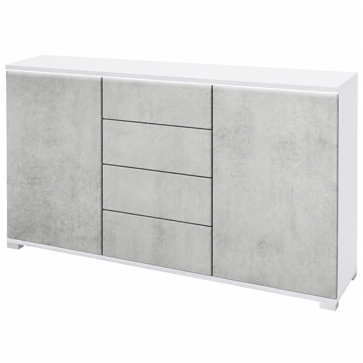 Moderne Sideboard Faro mit LED-Beleuchtung, Weiß Matt und Betonoptik, 2 Türen & 4 Schubladen