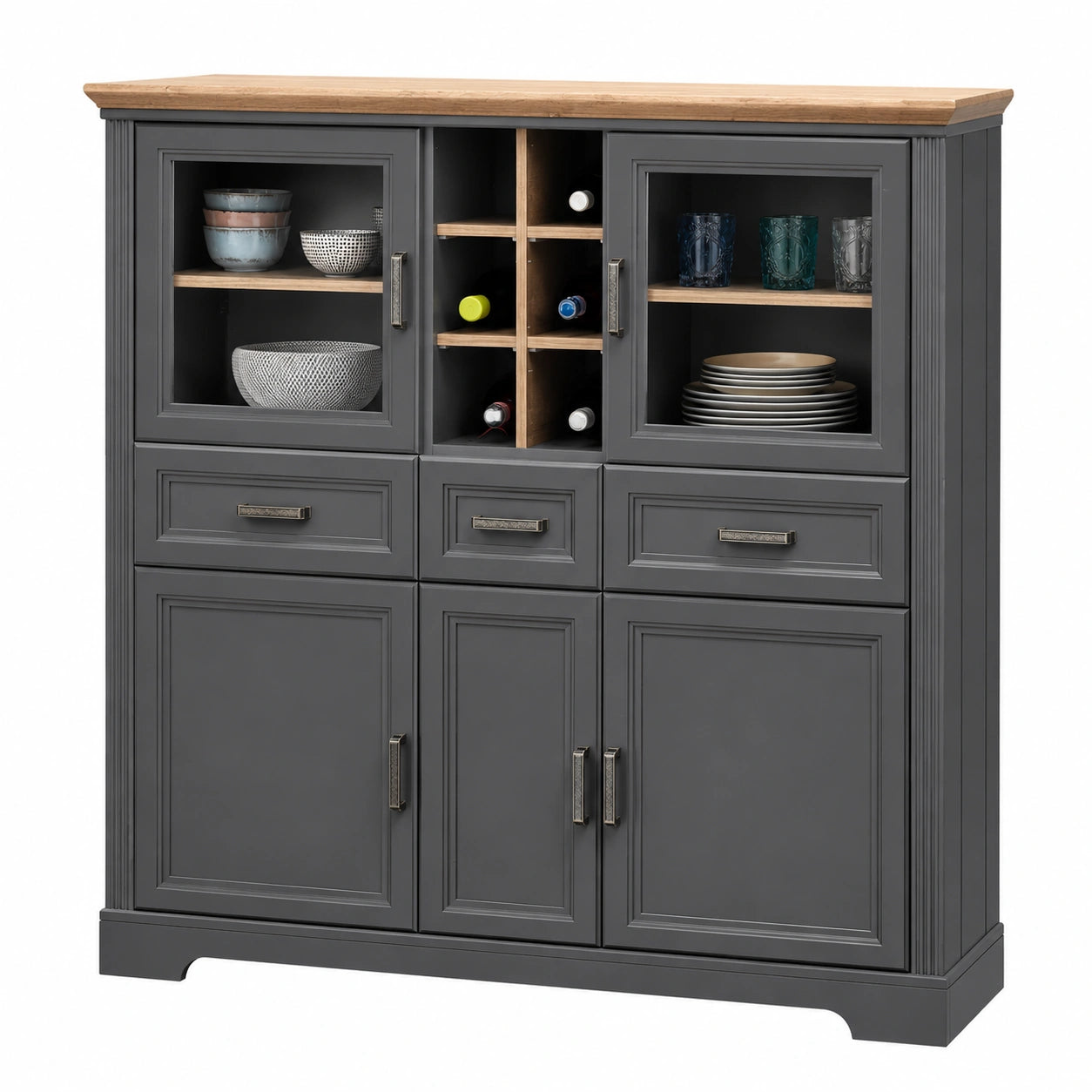 Stella Trading Highboard im Landhausstil, Artisan Eiche & Graphit, inkl. LED & Schubladen