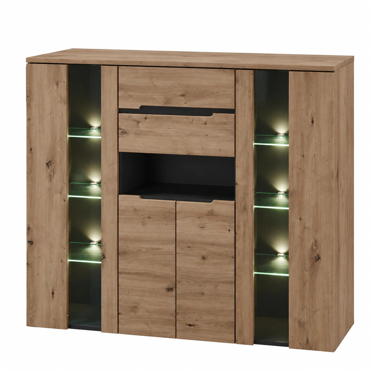 Moderner Highboard aus Artisaneiche mit LED-Beleuchtung und Schubladen, 145x127x38 cm, Graphitfarben