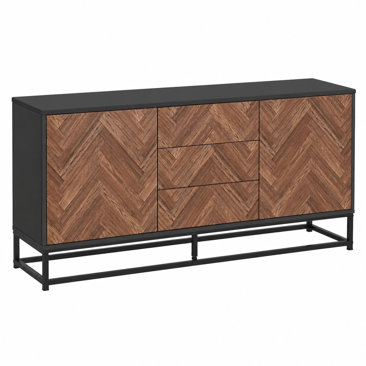 Moderner Wohnzimmerschrank 145 cm mit Schubladen und Türen, Sideboard Holzoptik Schwarz
