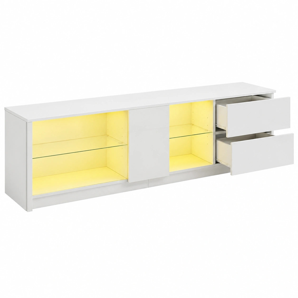Moderner TV-Schrank mit LED-Beleuchtung und 2 Schubladen, geeignet für 65-Zoll-Fernseher, Hochglanz Weiß, 160x40x52 cm