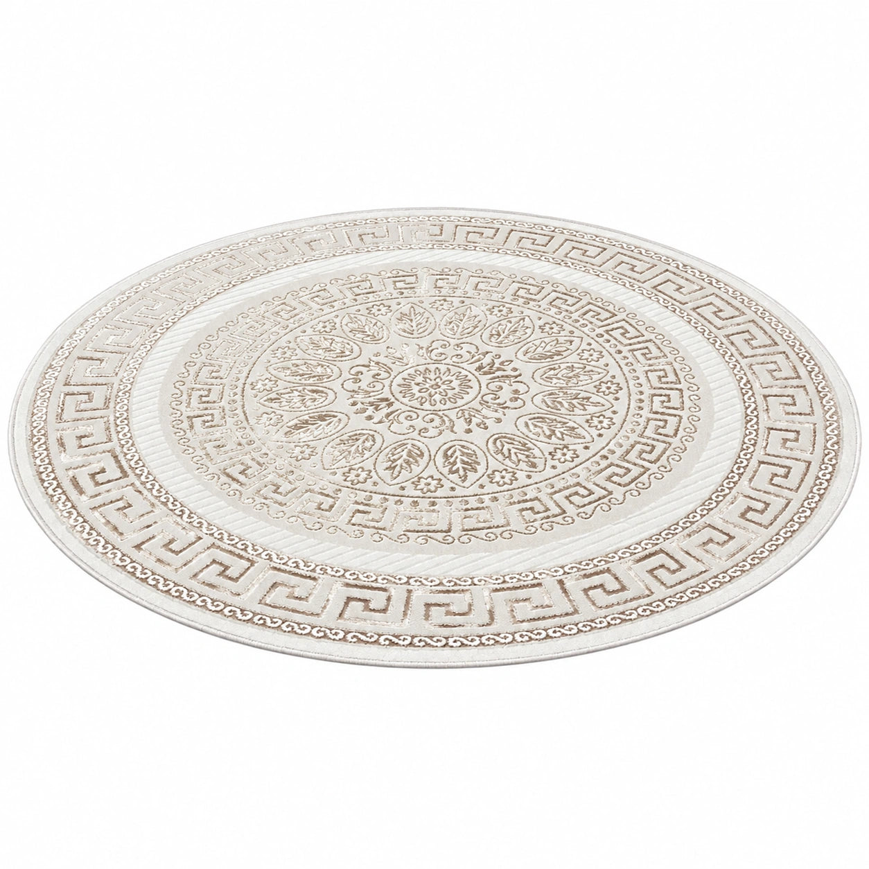 Moderner Kurzflorteppich im orientalischen Design, rund 200 cm, creme-beige