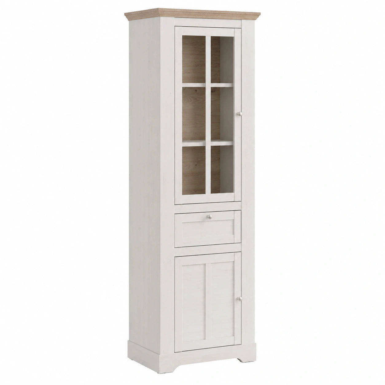 Landhausstil Vitrine ILOPPA, Weiß, 2 Türen & 1 Schublade, Holzdekor Eiche, 76x209,8x44,3 cm